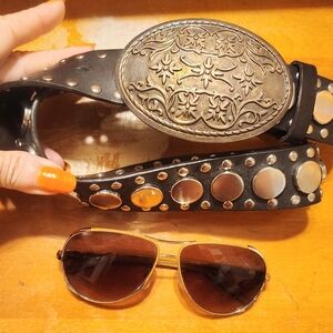 VINTAGE LAKE SHORE DRIVE LEATHER STUDDED CIRCLES AZTEC METAL BUCKLE SZ S NEW